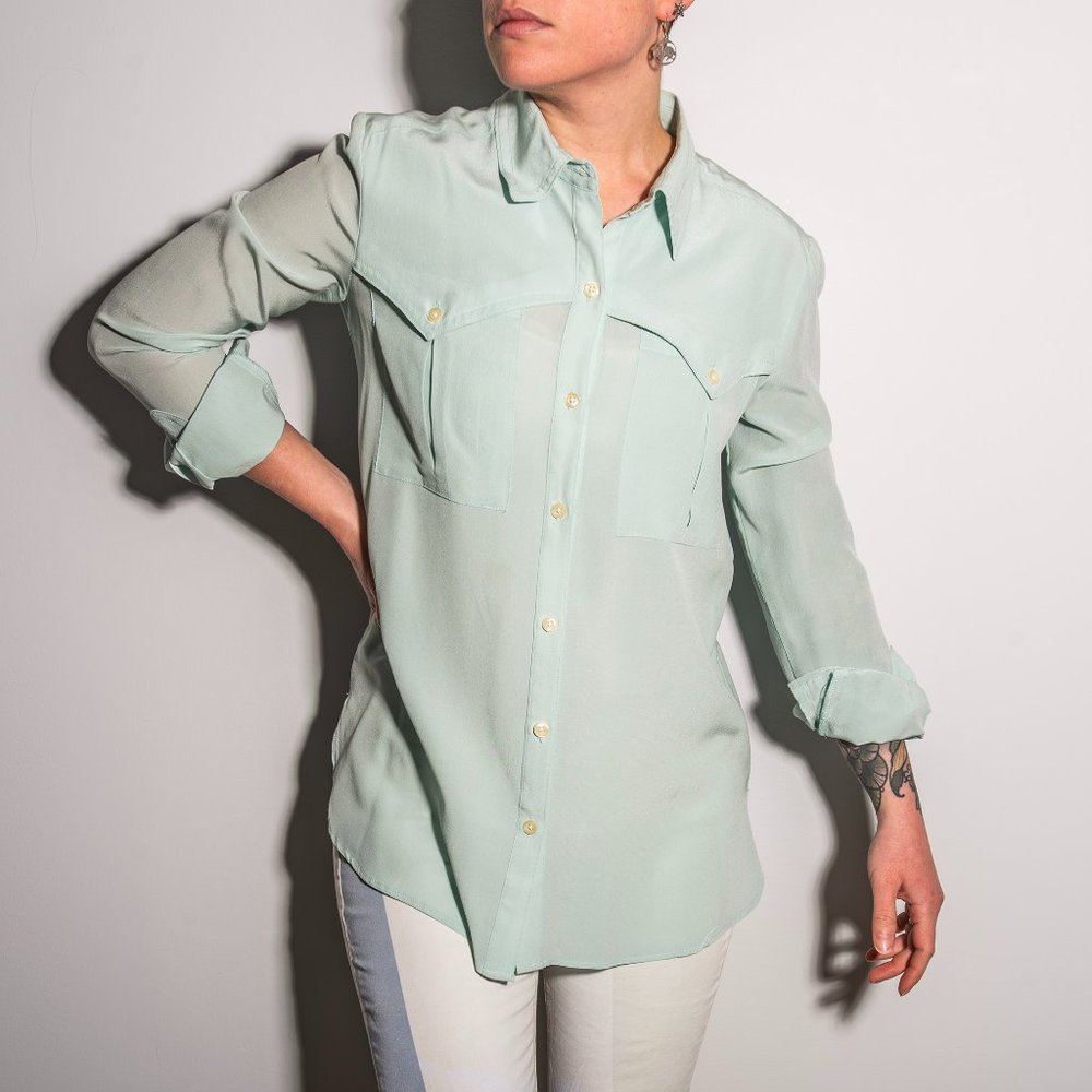 Blue Silk Sheer Button-Down